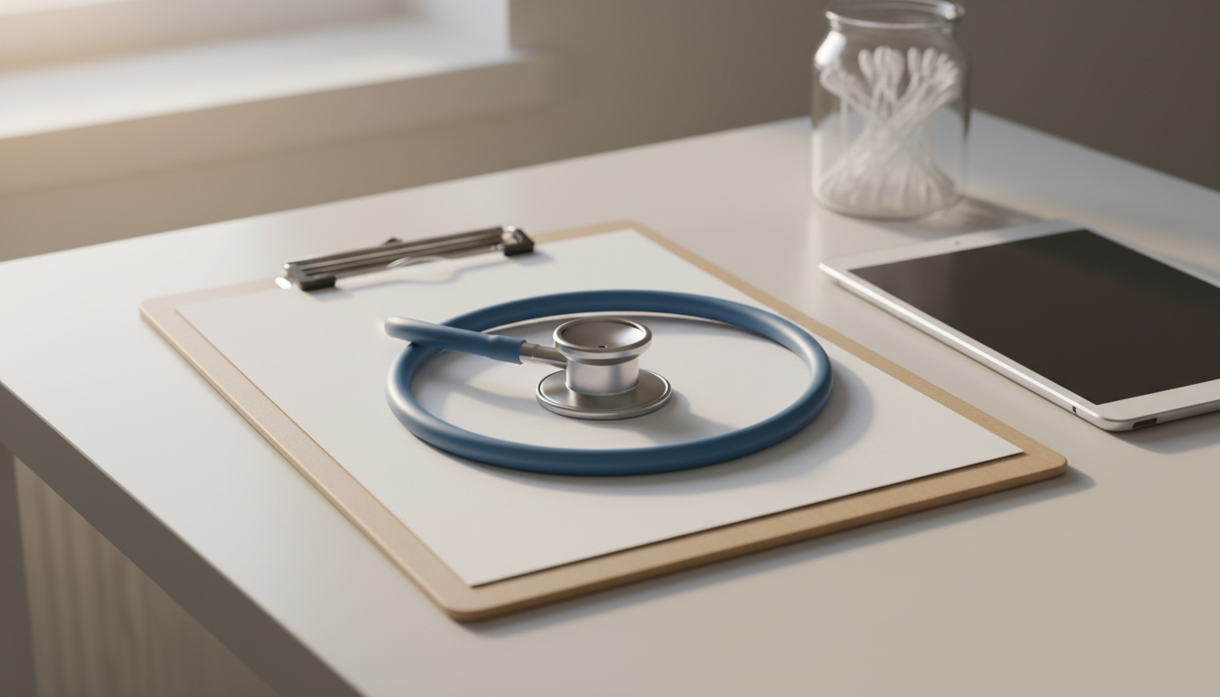 A detailed stethoscope with a polished silver chest piece and calm blue tubing resting atop an immaculate, white medical form clipped to a lightweight pale wood clipboard. This arrangement sits on a tidy nurse’s examination desk, accompanied by a digital tablet and a discreet glass jar containing pristine cotton swabs. Soft afternoon light streams into the room, gently highlighting the metal and creating a subtle interplay of light and shadow across the form. The composition is centered with subtle asymmetry for visual interest and sharp clarity throughout, projecting a mood of professionalism, warmth, and readiness. The overall style is clean, contemporary, and inviting, perfectly aligned with a trustworthy cabinet infirmier environment.