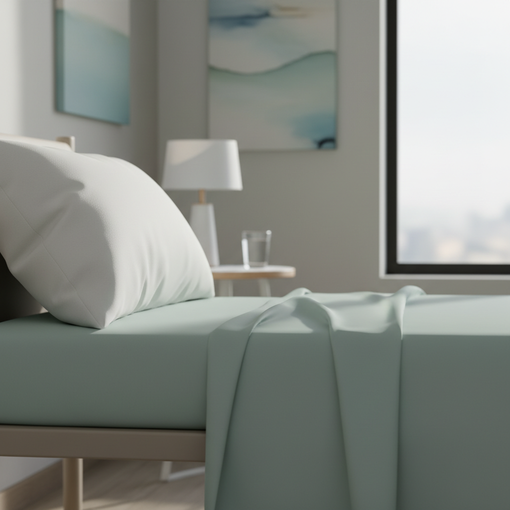 A close-up of a pristine, soft white cotton pillow and freshly laundered, seafoam-green sheets smoothly tucked on a hospital-style bed, emphasizing gentle curves and the tranquil texture of the fabric. The bed is set near a small bedside table with a glass of water and a minimalist lamp within a serene, light-filled patient care room adorned with subtle wall artwork and a muted, modern color palette. Natural morning light streams through a large window, illuminating the textiles with a lush, airy quality and casting feathery shadows. The mood is nurturing, peaceful, and reassuring. Shot from a side angle with shallow depth of field, the focus is on comfort and cleanliness, using a clean, modern, and realistic aesthetic to reflect attentive, compassionate care.