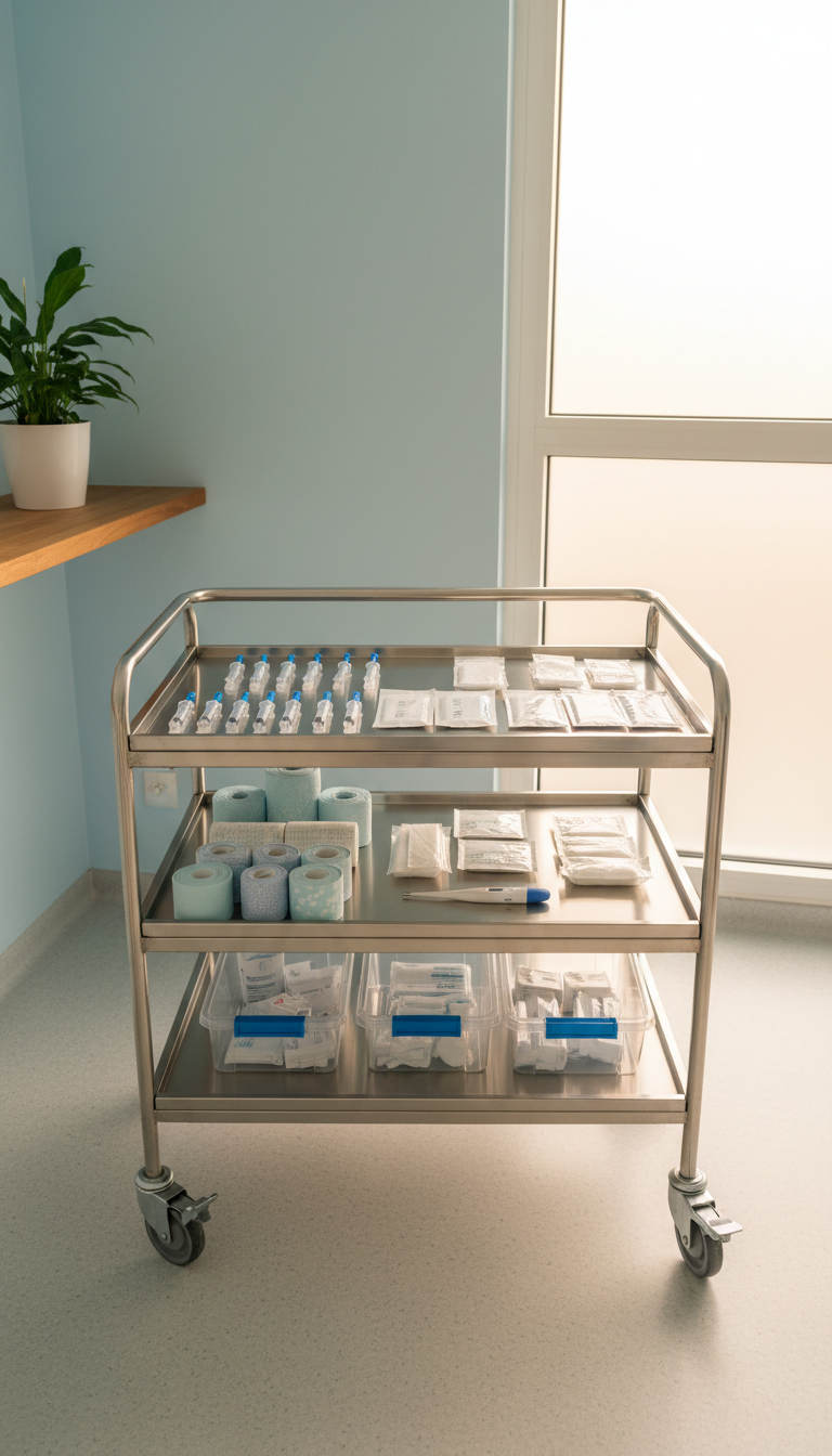 A neatly organized, modern medical supply cart featuring stainless steel trays with neatly arranged syringes, gauze packs, gentle blue and white bandages, and a digital thermometer, all meticulously placed for quick access. The cart is positioned in a bright and friendly nurse’s office with soft pastel blue walls and subtle decorative touches, such as a single verdant plant on a nearby shelf. Ambient daylight enters through a frosted window, bathing the cart in diffused, soothing light and casting minimal shadows. The overall mood is clean, calm, and professional, evoking trust and care. Captured from a slightly elevated eye-level perspective, the composition is centered and balanced, with crisp focus, photographic realism, and a clean, inviting style to suit a welcoming cabinet infirmier.